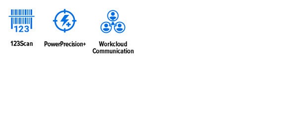 ET80/ET85 Rugged Tablet Mobility DNA Icons: 123 Scan icon, PowerPrecision+ icon, Workcloud Communication icon