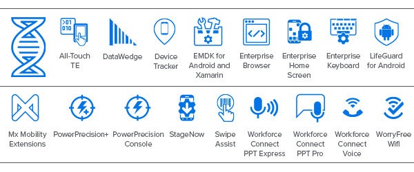 MC3330xR Mobility DNA Icons: All-touch TE, DataWedge, Device Tracker, EMDK for Android and Xamarin, Enterprise Browser, Enterprise Home Screen, Enterprise Keyboard, LifeGuard for Android, Mx Mobility Extensions, PowerPrecision+, StageNow, Swipe Assist, Workforce Connect PTT Express, Workforce Connect PTT Pro, Workforce Connect Voice, WorryFree WiFi